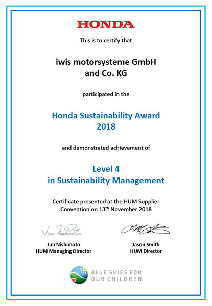 Honda Sustainability Award Zertifikat 2018
