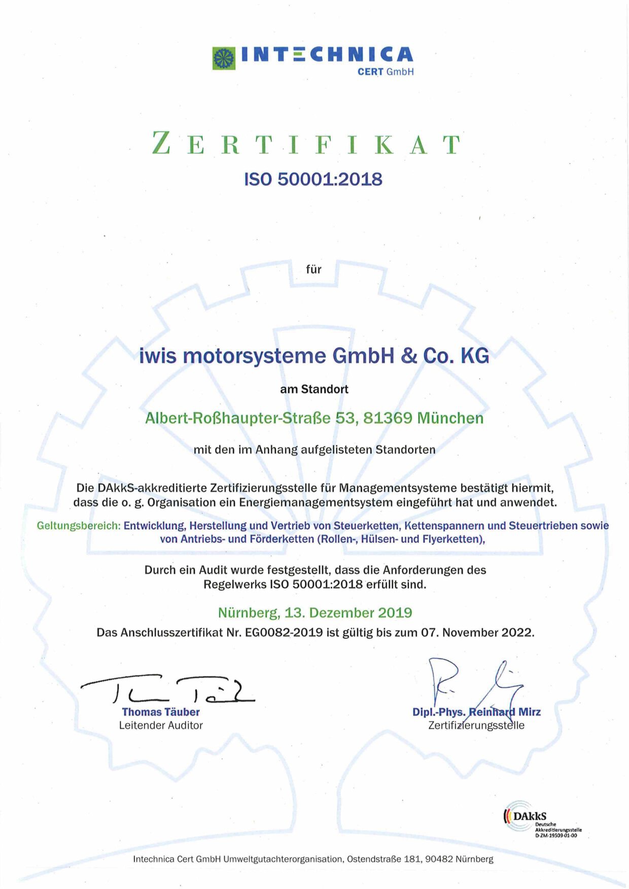 Zertifikat ISO50001 iwis antriebssysteme und motorsysteme 2019